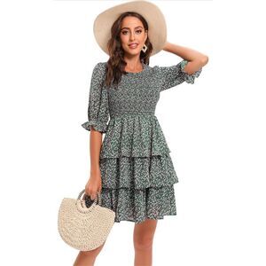 NEW Floral Mini Puff Sleeve Ruffle Tiered Swing Casual Dress XL